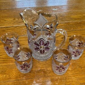 EAPG Early American Presscut Glass water pitcher and 4 glasses. Flower with Cane